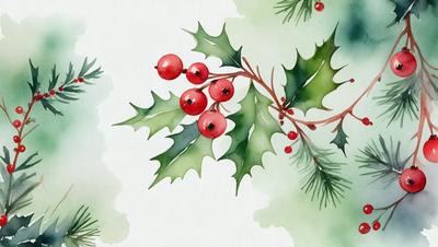The primary subject of the image is a close-up of a red berry on a green plant. The setting is a white background, which provides a clean and minimalist appearance. The visual style is a watercolor painting, giving the image a vibrant and artistic touch. The dominant colors are red and green, creating a warm and lively atmosphere.